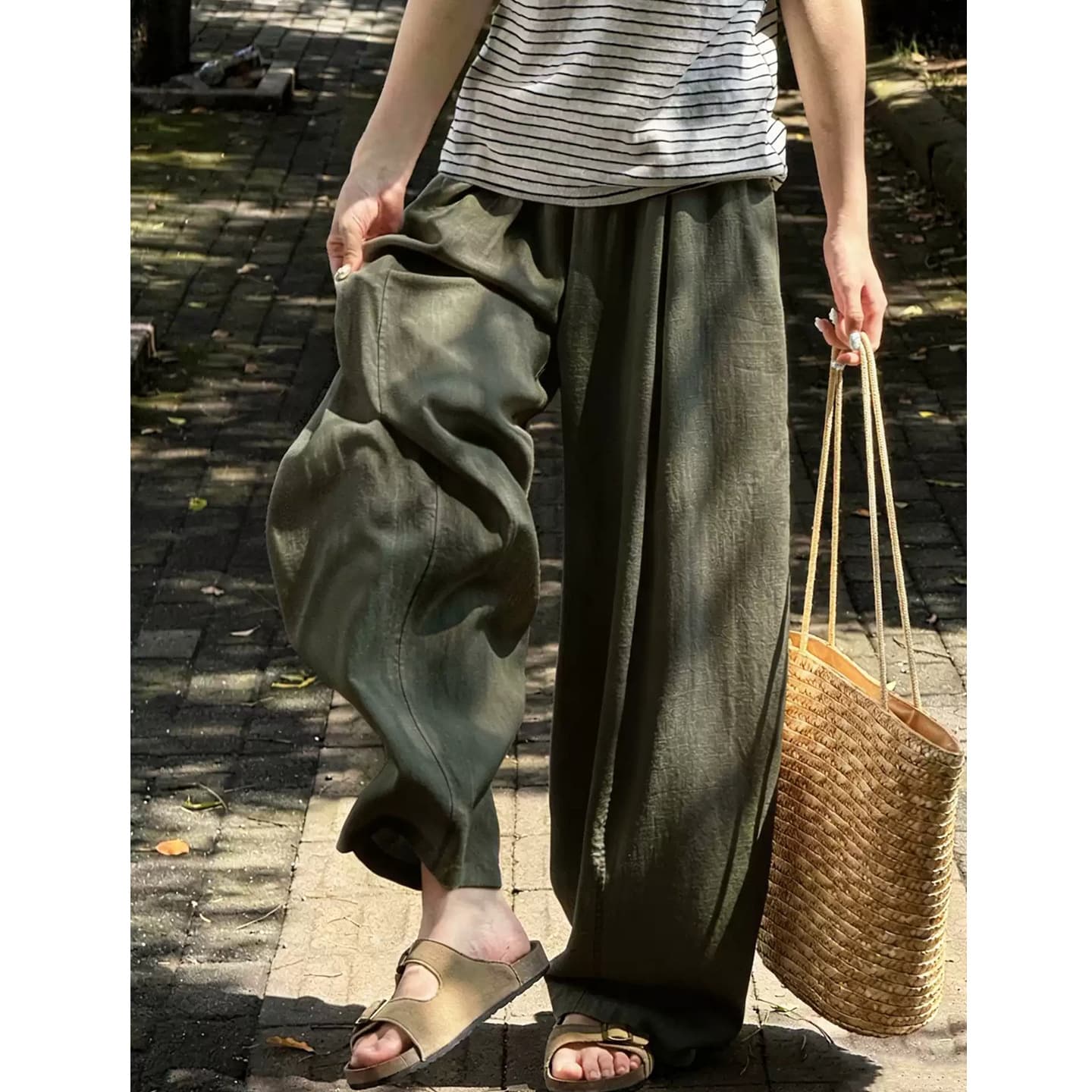 Teal Green Japanese Lazy Tencel Curve Pants for Women Summer Thin Simple Style Loose Slimming Casual Wide Leg Pants