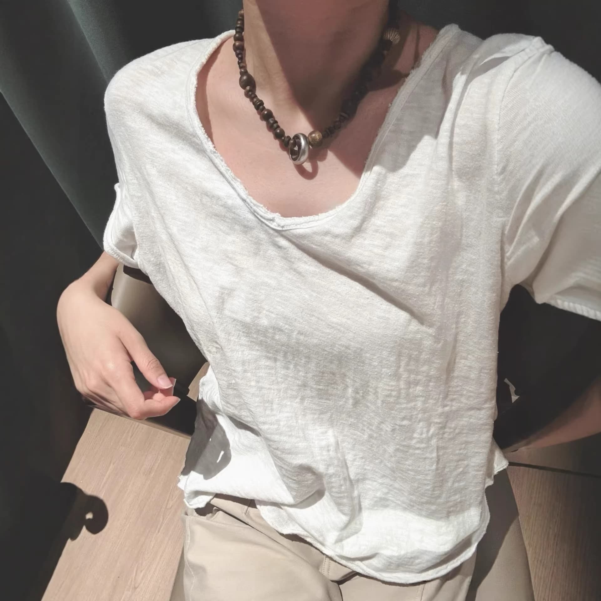 New Summer Versatile Slim-Fit 100% Cotton Slub Yarn Loose Wide-Shoulder Rolled Hem V-Neck Short-Sleeve T-Shirt 6303