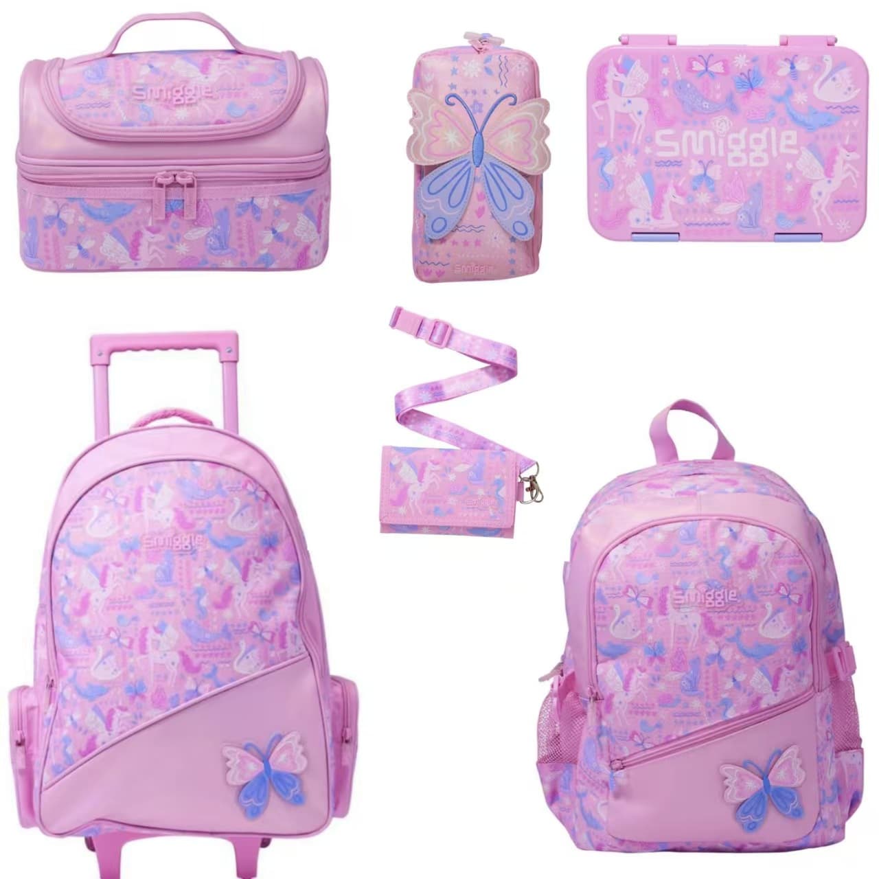 Australia Smiggle Backpack for Primary School Students, Lightweight and Ergonomic, Children's Casual Bag, Pink Butterfly Dream Set Series