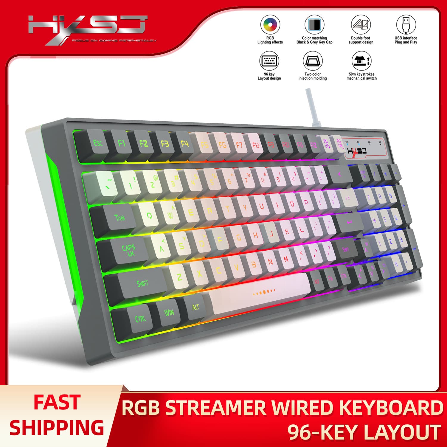 2023 Wired 96-Key Two-Tone Gray White Gaming Keyboard, Membrane RGB Backlit, Mechanical Feel, In Stock