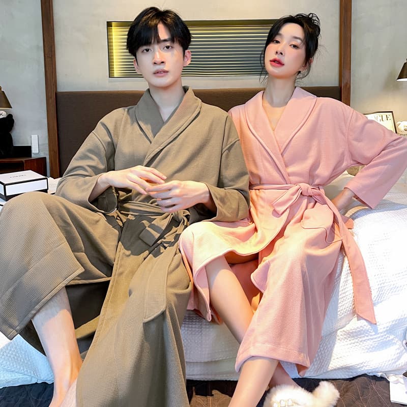 Couple Four Seasons Waffle Bathrobe Hotel B&B Medical Beauty Bandage Nightgown Solid Color Pajamas Women's and Men's Home Clothes