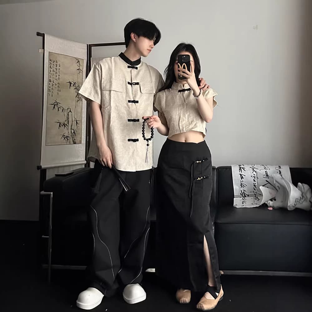 New Zhongshan-style Shirt with Chinese-style Frog Buttons, Jacquard Stand Collar, Unisex Summer Shirt, Hi-Relief Chinese Loose Fit Trend