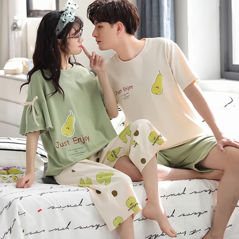 New Couple Pajamas Women's Summer Capri Pants Homewear Set Cotton Men's Home Short Sleeve Pajamas Summer