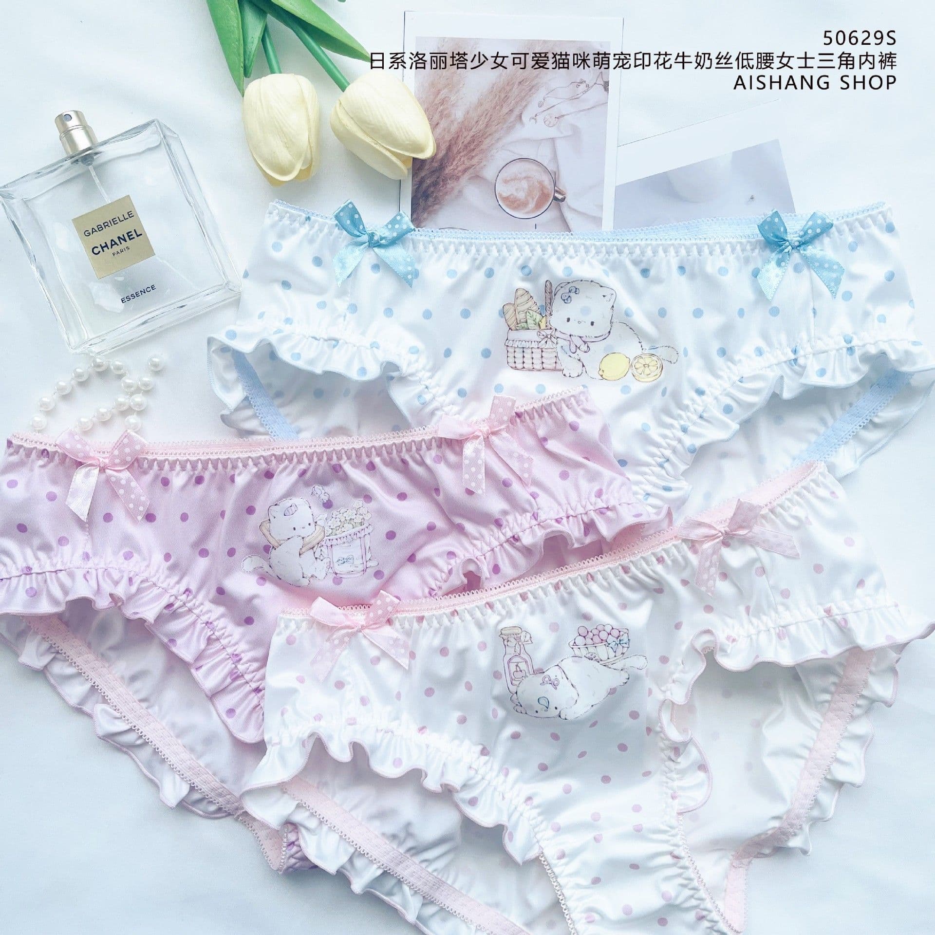 50629S Japanese Lolita Panties Girl Cute Cartoon Cat Print Polka Dot Mid Low Waist Bikini Women Summer