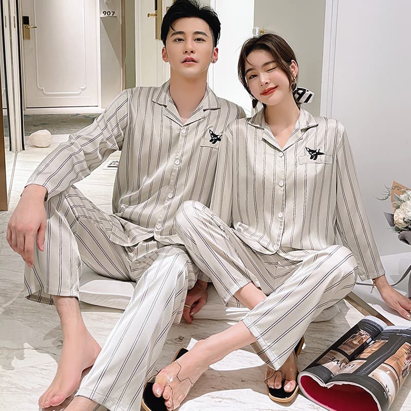 Spring Autumn Ice Silk Long Sleeve Trousers Pajamas Women's Situational Couple Men's Short Two-Piece Home Clothes