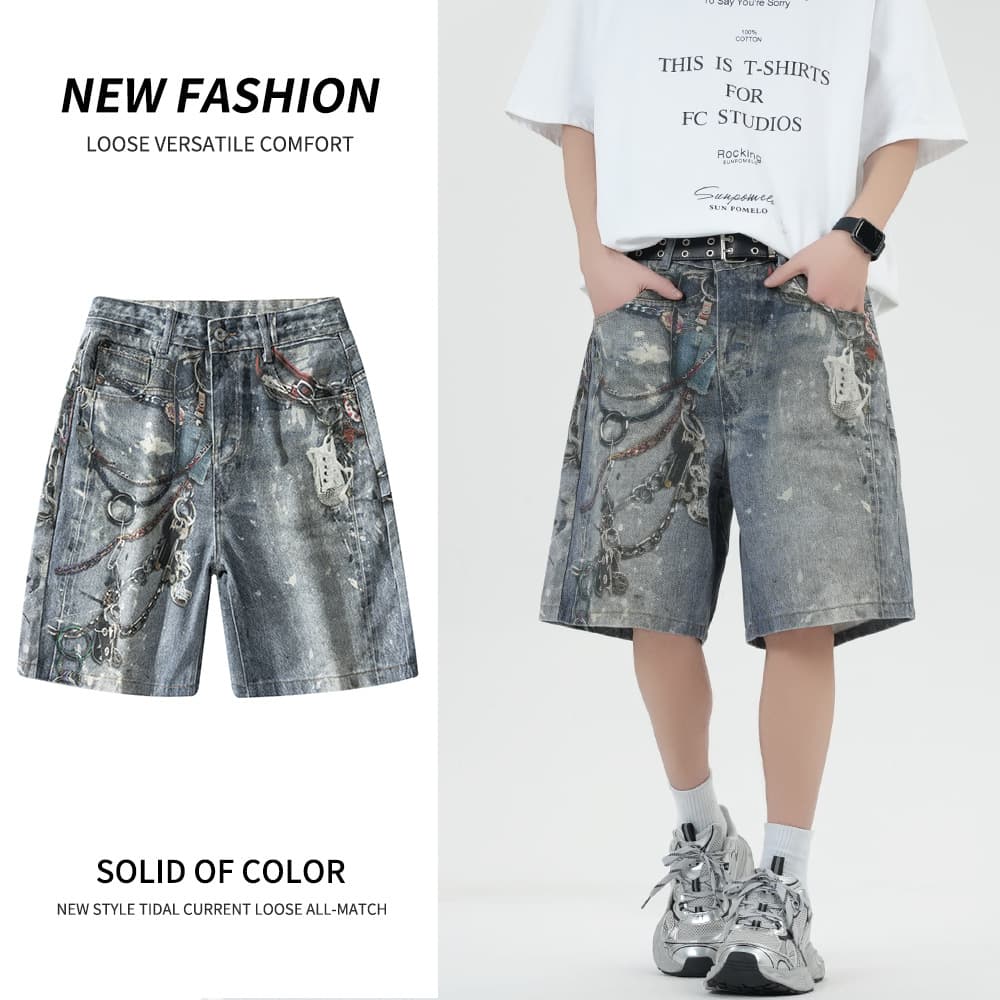 2025 summer trendy brand 3D print washed hip-hop denim shorts men loose wide-leg straight-leg five-seventh mid-length pants