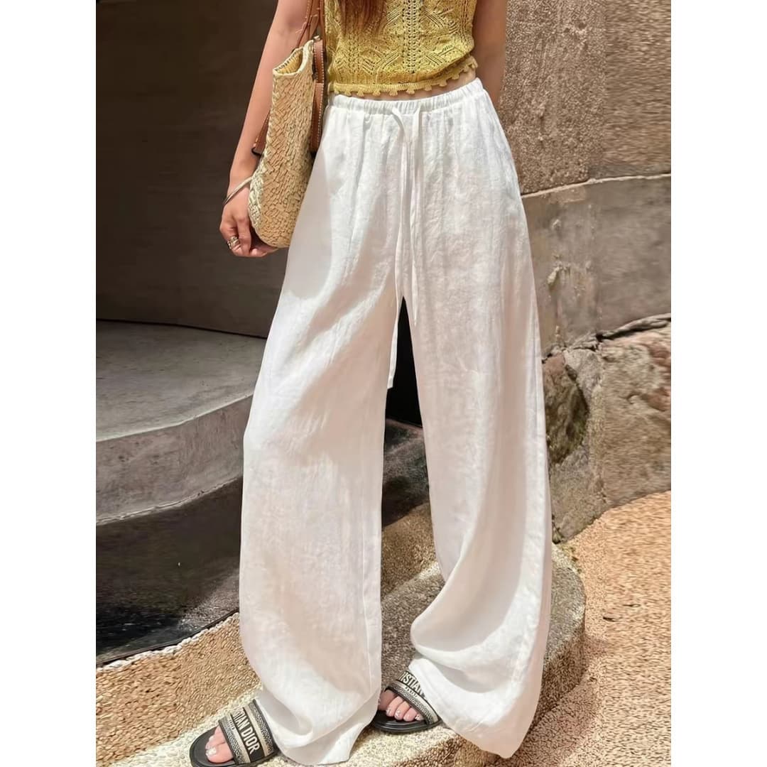 Qiao Mi White Linen Wide-Leg Pants for Women 2026 Summer New High-Waisted Loose Casual Straight Pants