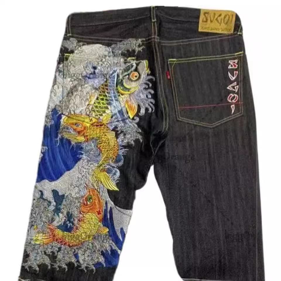 KARAKURI Ukiyo-e Koi Fish Cherry Blossom Print Men's Jeans Loose Straight Leg Pants Cross-border Stock