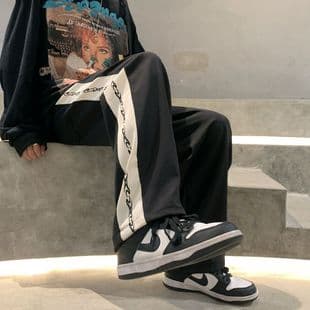 American High-Street Men's Loose Wide-Leg Pants Oversize Side Stripe White Pants Flowing High-End Straight-Leg Pants