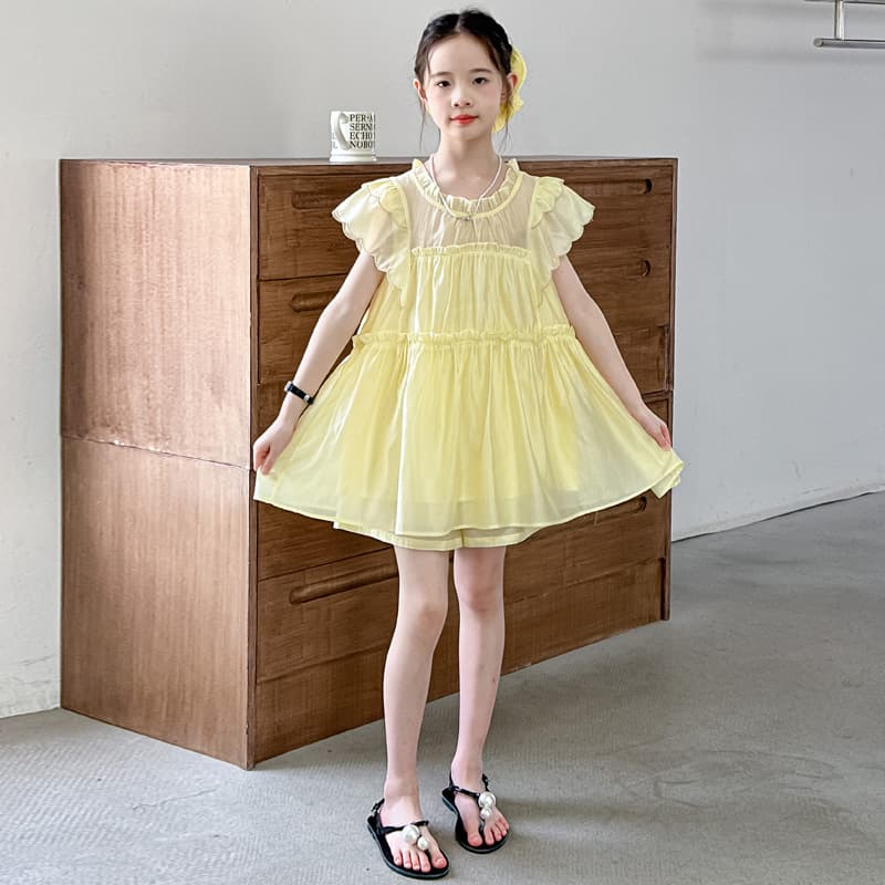 Girls' Summer Outfit 2025 New Style Big Girls' Flutter Sleeve Dress with Shorts Two-Piece Set Casual Kids' Clothing