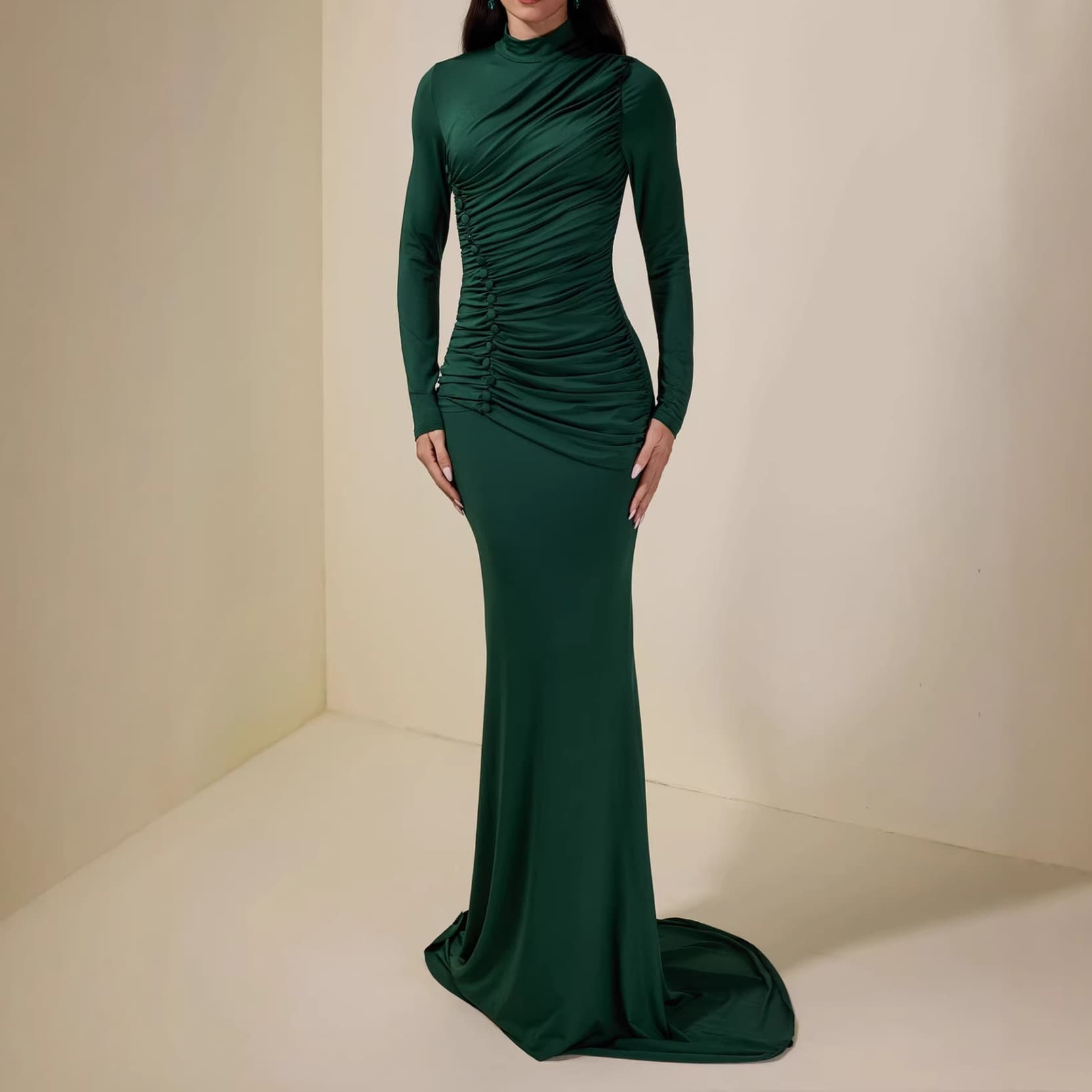 2025 New Fashion Wrinkle Long Sleeve Slim Fit Green Bodycon Sexy Elegant Dress for Amazon Cross-Border Trade in Europe and America