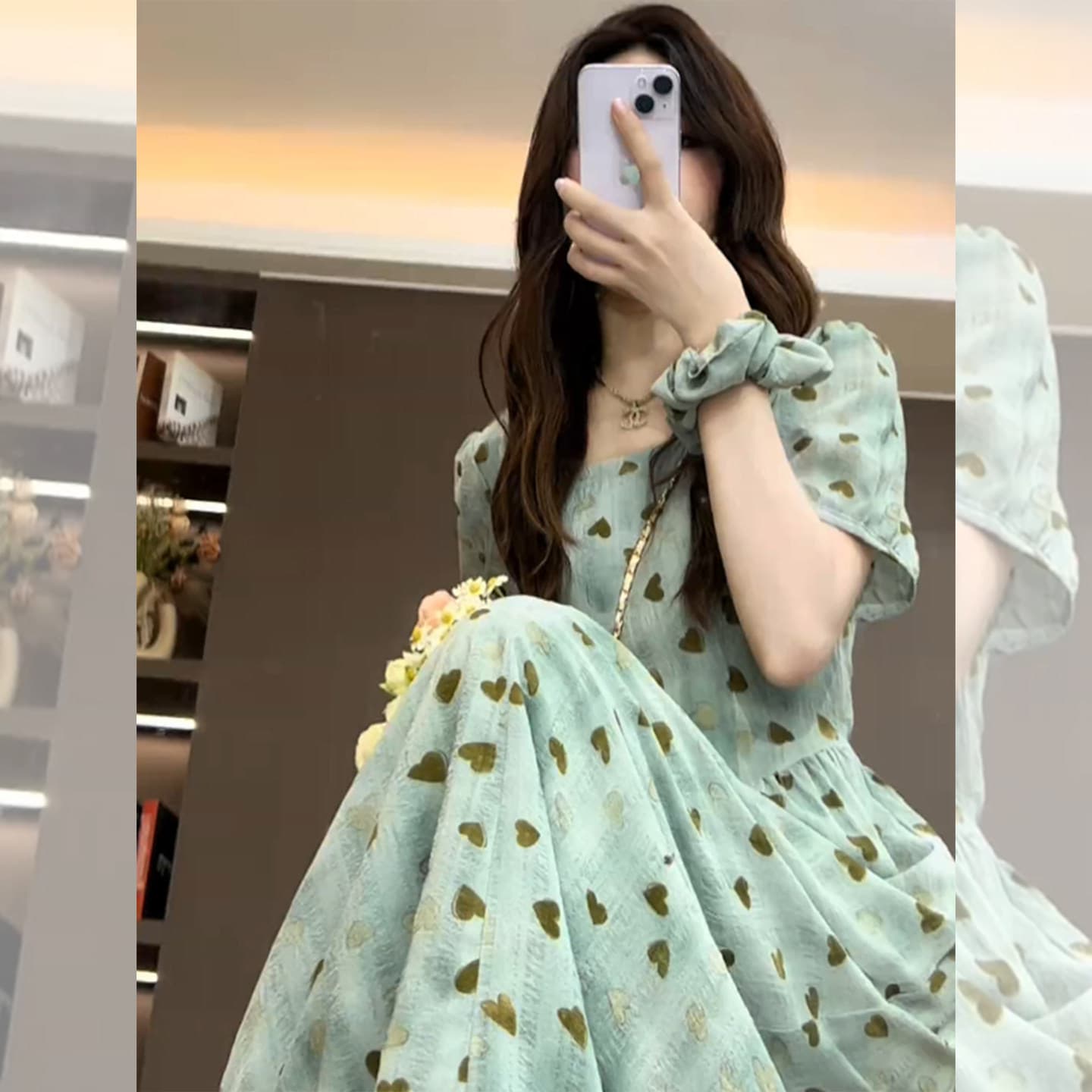 Tea break French green square neck puff sleeve floral chiffon dress women's summer high-end seaside vacation dress