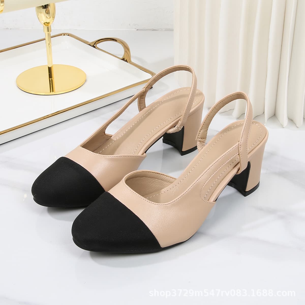 In Stock Cross-Border Small Fragrance Color-Block Open-Back Toe-Cover Sandals for Women, Square Toe Chunky Heel High Heel Sandals, Flat Large Size Single Shoes