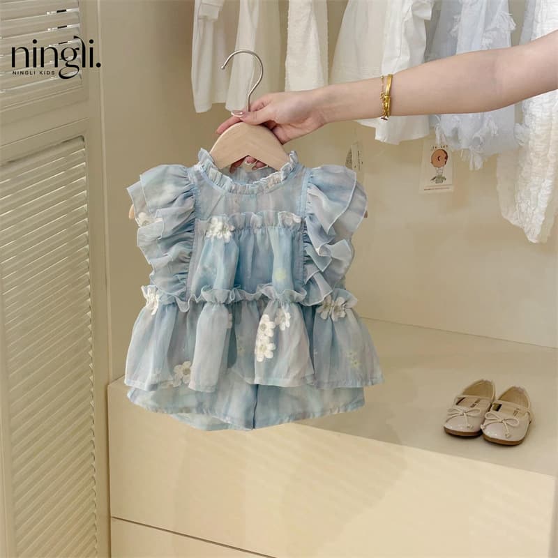 Ningli Girls Suit 26 Summer New Little Girl Super Fairy Sweet Sleeveless Babydoll Shirt Western Style Shorts Two-piece Set