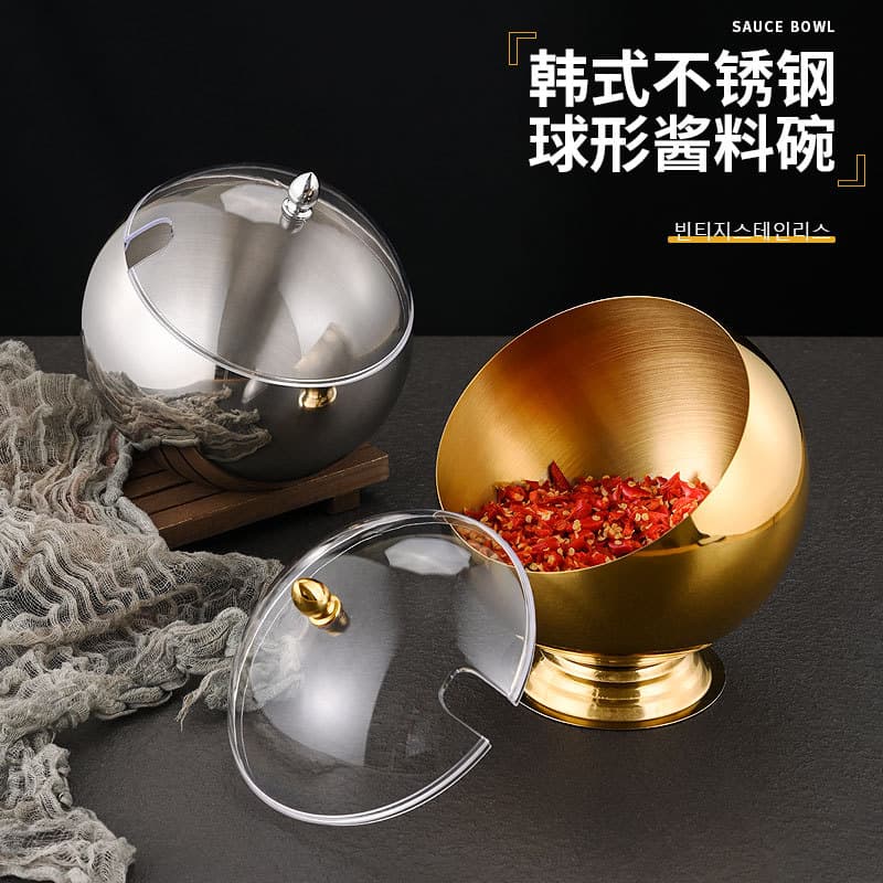 Commercial Hot Pot Restaurant Sauce Bowl Stainless Steel Slanted Seasoning Jar with Lid, Spherical Self-Serve Utensil for Malatang