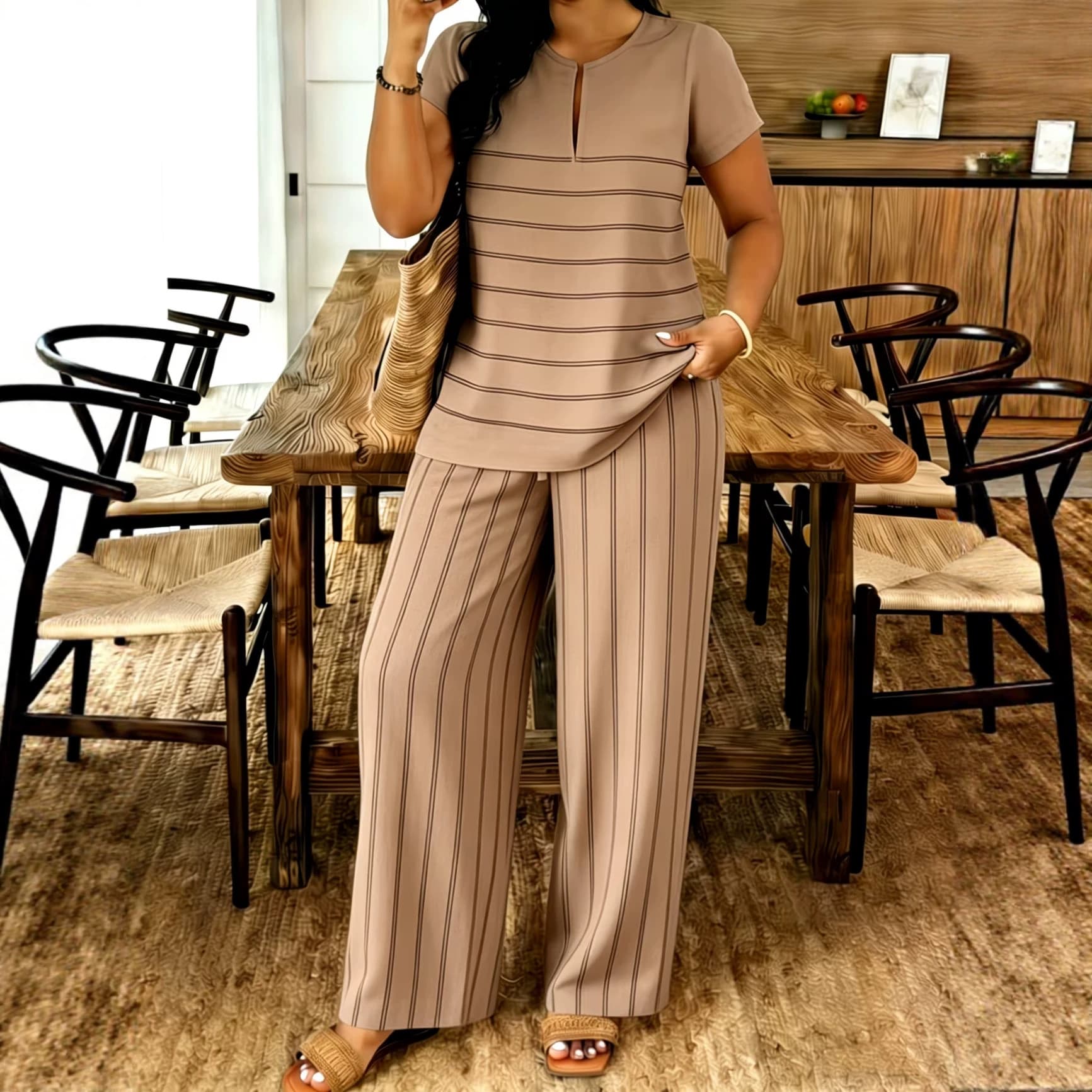 Cross-border women's clothing spring and autumn Amazon women's v-neck printed casual sports women's long clothes group trousers trendy sets