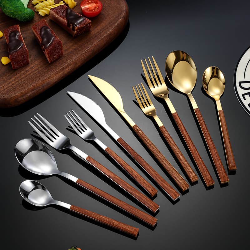 Cross-border stainless steel Western tableware cutlery, fork and spoon five-piece set with wood grain handle, imitation wooden handle, Korean tableware, steak knife and fork