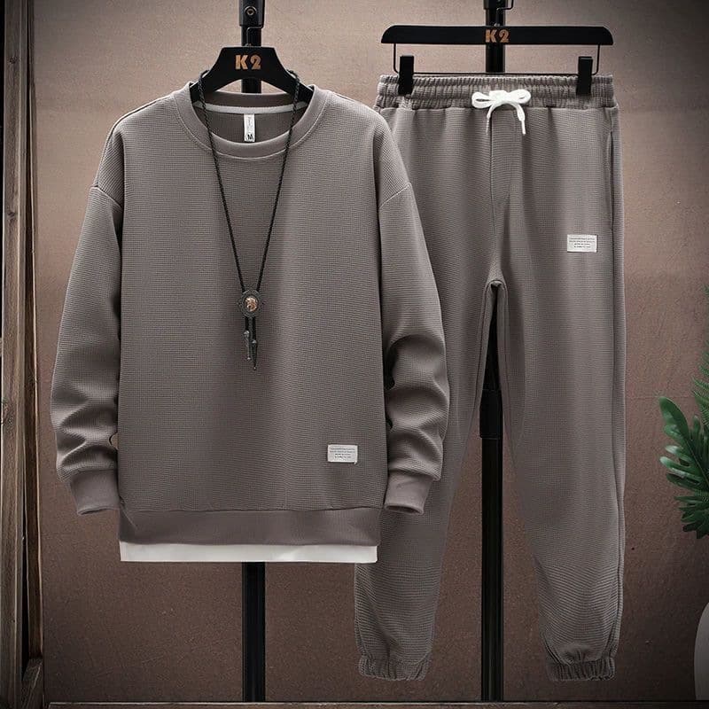 Cross-border 2026 New Waffle Knit Sweatshirt Set Men's Autumn Long Sleeve T-Shirt and Pants Sportswear