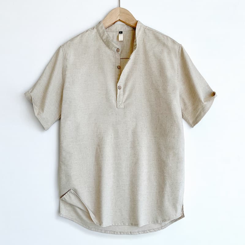 23T09 Premium Cotton-Linen Short Sleeve T-Shirt Men's Polo Shirt Linen Chinese Style Mandarin Collar Top Summer Thin