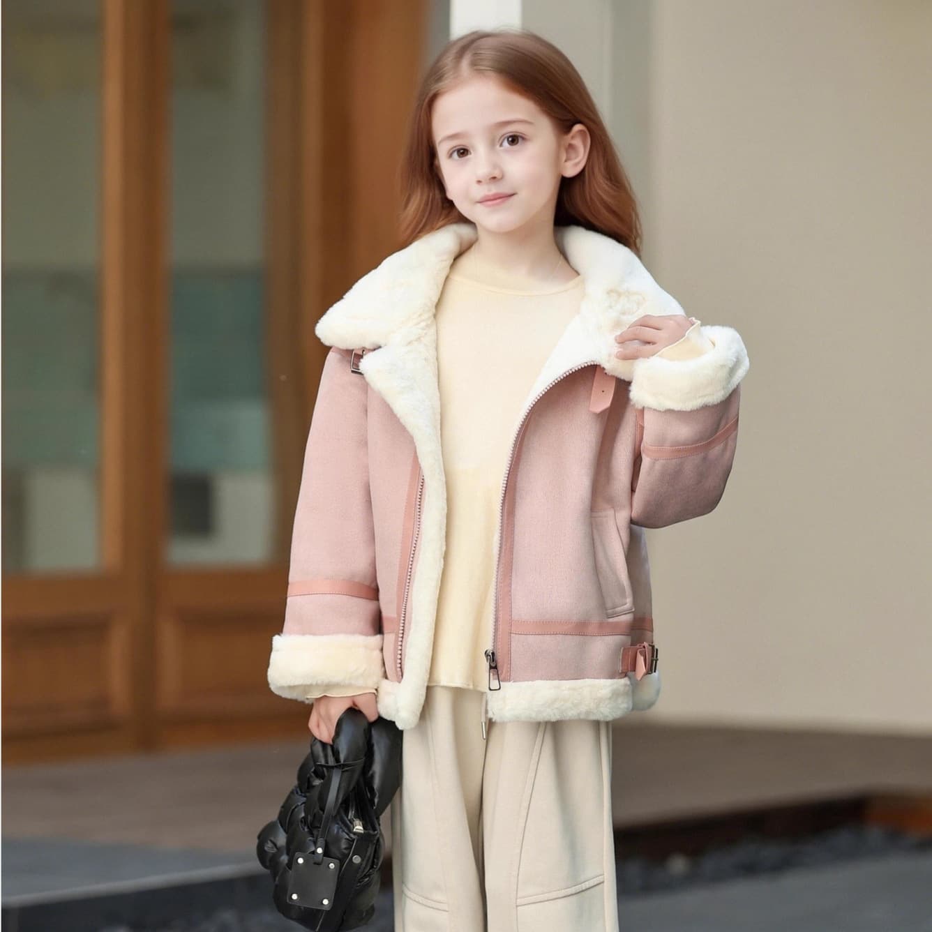 Girls' fleece-lined leather jacket, autumn and winter 2025 new style children's stylish suede top, winter wear.