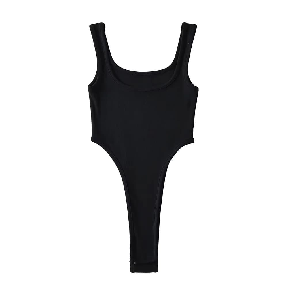 Special Offer European American Style Deep U-Neck High Slit Bodysuit Women 2024 New Solid Color Stretch Tight Vest