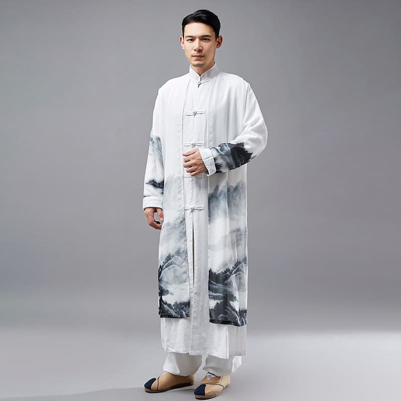 Ma Fan Spring Long Shirt Men's Chinese-style Cotton-linen Men's National-style Performance Clothing Stage Clothing Elegant Long Robe