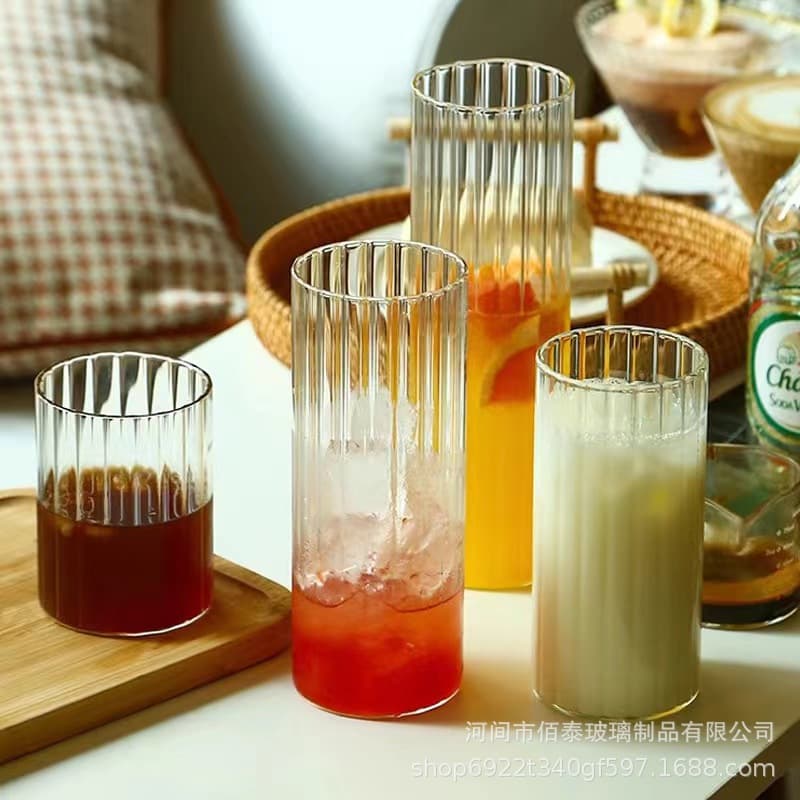 Vertical Stripe Trendy Cold Drink Cup, Ins-Style Iced Coffee Cup, High Appearance Beverage Cup, Straight Collins Cocktail Glass