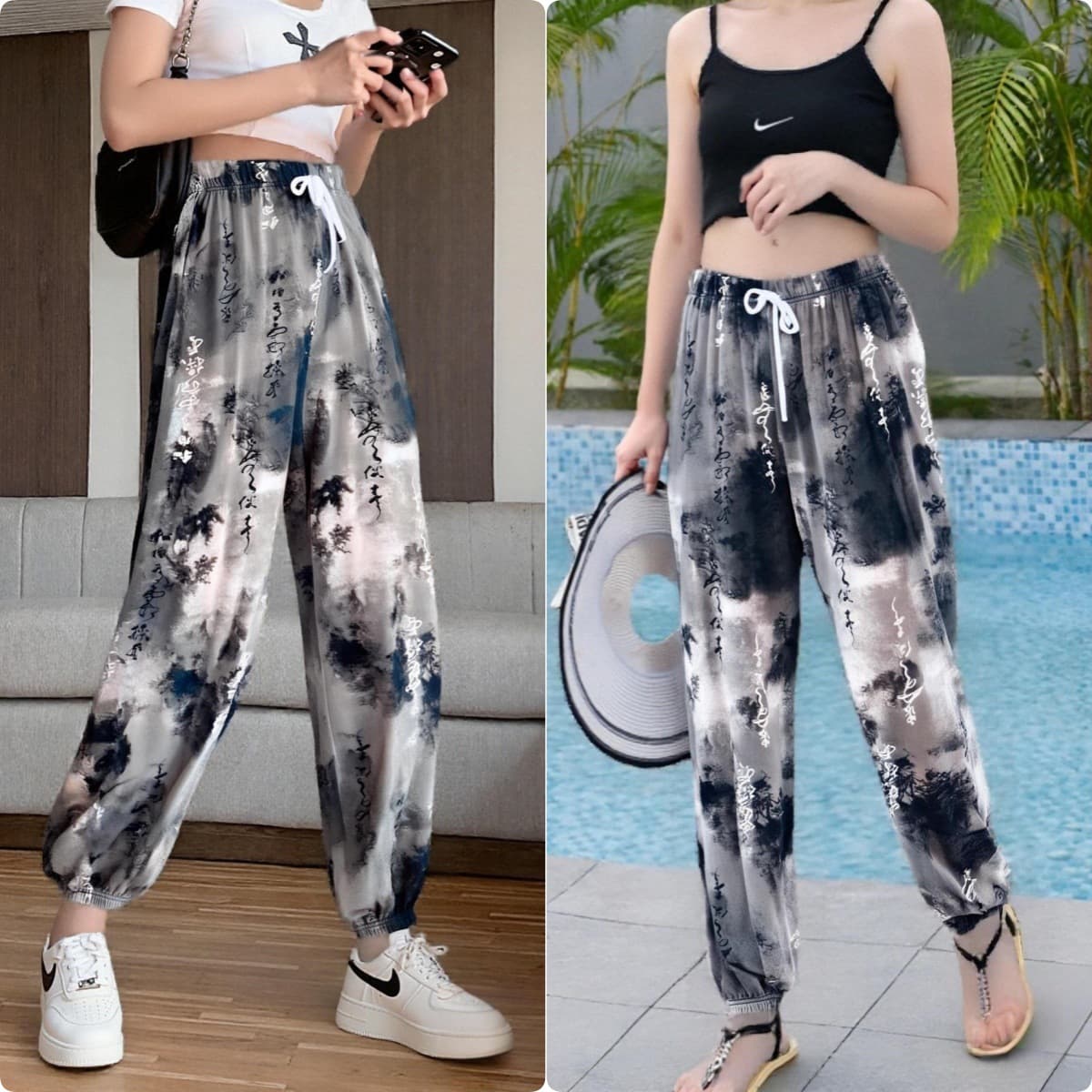 Quick-Dry Ice Silk Chinese Style Drawstring Pants for Women, Summer Loose 9/10 Length Casual Sports Pants, Printed Cooling Mosquito-Repellent Sun-Protection