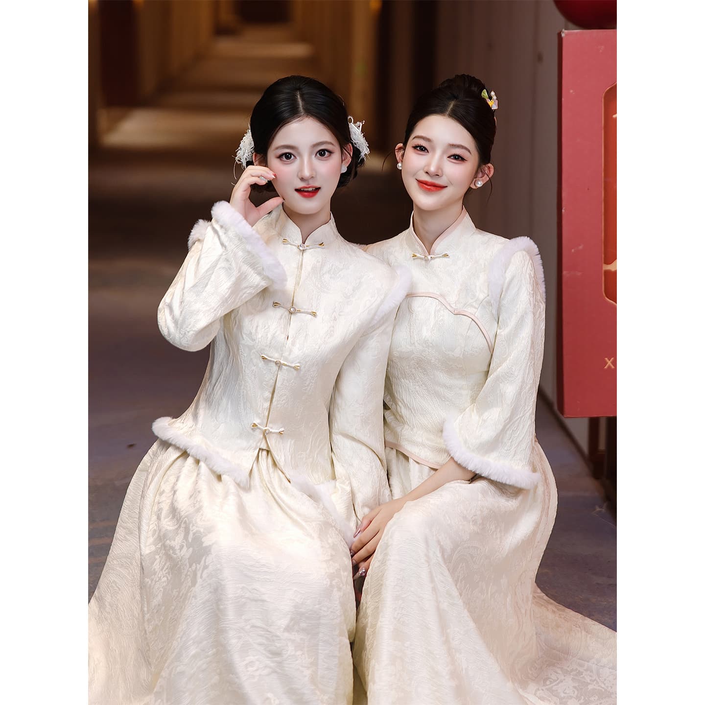 Champagne Bridesmaid Dress Chinese Style High-End Wedding Sister Squad Gown Dress National Style Qipao Two-Piece Set Winter Thickened