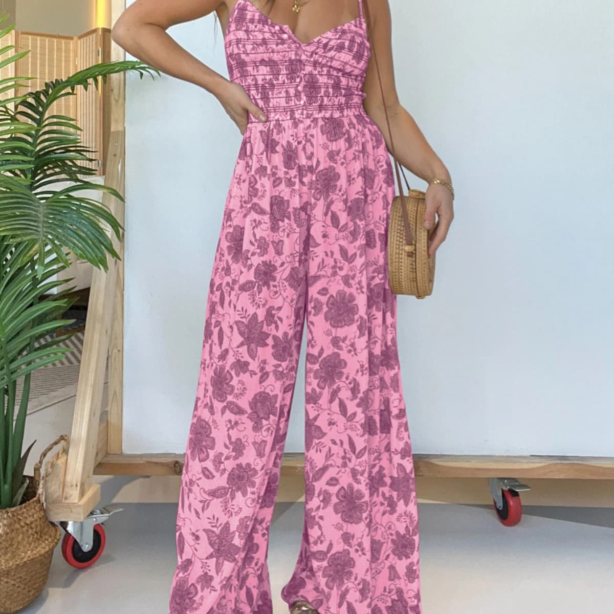 2024 New Spring European and American Cross-border Amazon Independent Station Floral Print Camisole Jumpsuit Wide Leg Pants