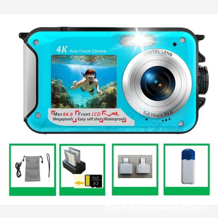 4K English Version Underwater Camera 64MP Auto Focus Waterproof Digital Camera with Selfie HD Dual Screen