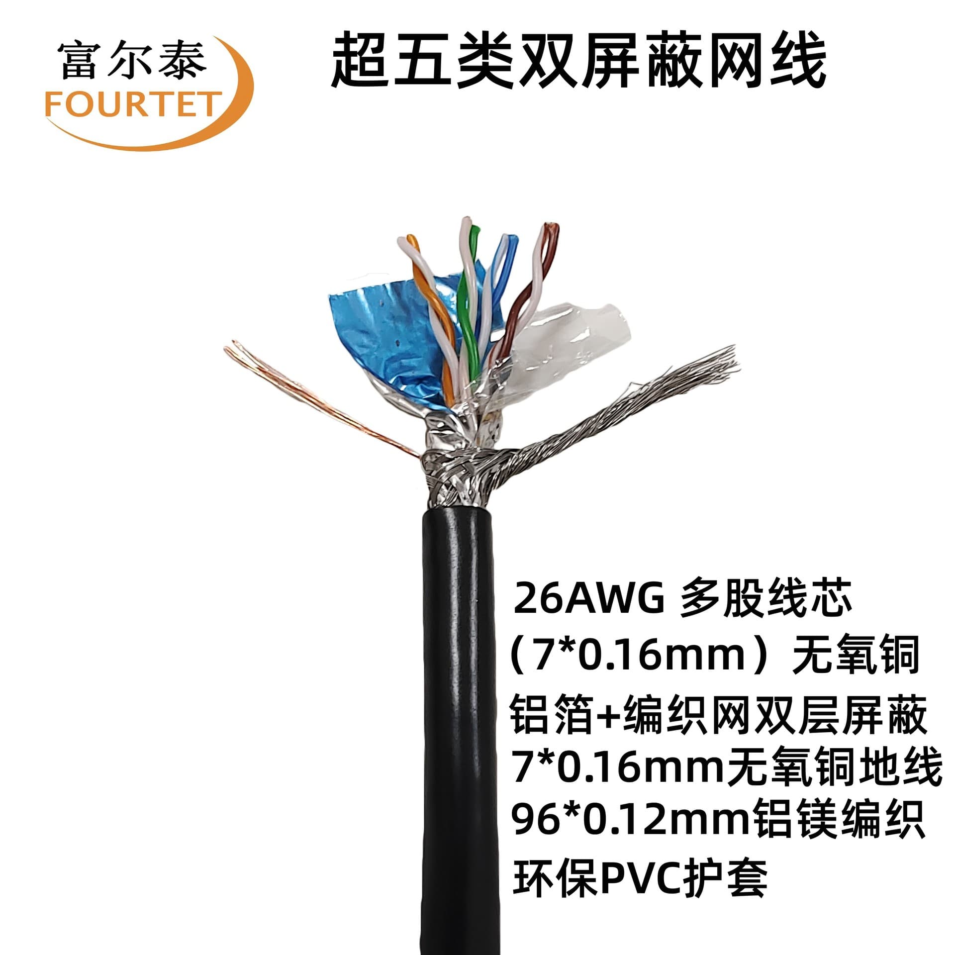 Manufacturer Supply CAT5E SFTP 26AWG Cat5e 7*0.16mm Oxygen-Free Copper Double Shielded Network Cable