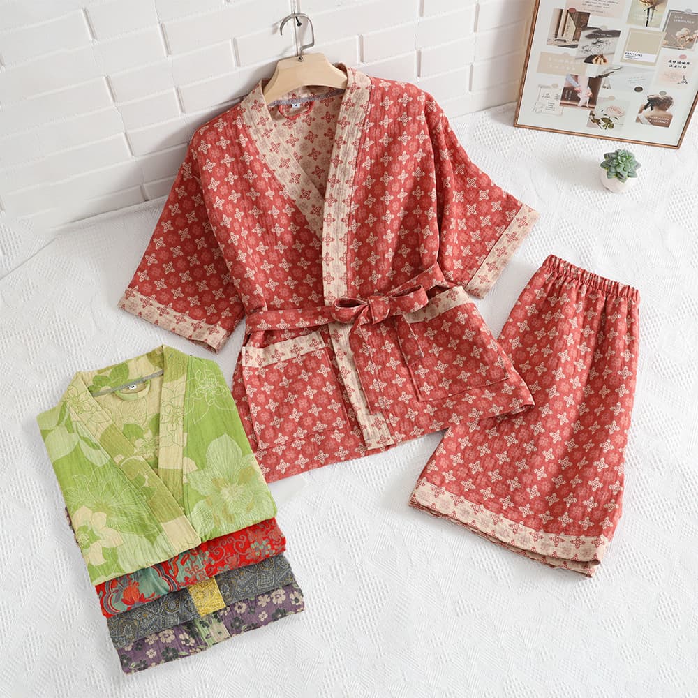 Cross-Border Pure Cotton Double Gauze Jacquard Sauna Suit Hotel Bathrobe Therapy Massage Sauna Wear Couples Wholesale