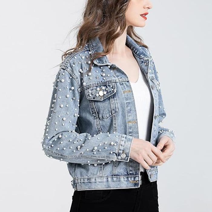 Women's Pearl Embellished Short Denim Jacket Diamond Decorated Cotton Blend Comfortable Casual Commute Style Outerwear