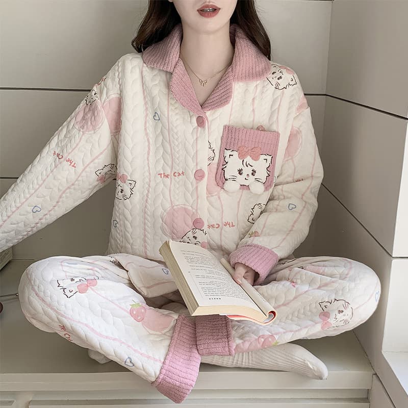 New Air Cotton Layered Pajamas for Women Fall Winter Cute Cartoon Cardigan Long Sleeve Thick Homewear Set