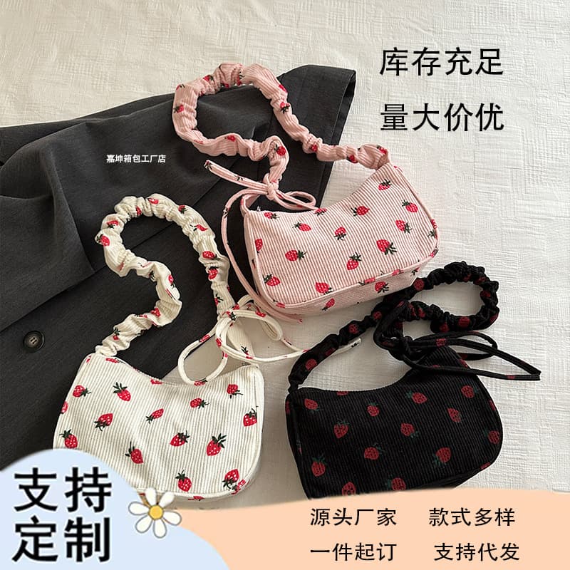 2024 New Cute Strawberry Small Bag Korean Version Versatile Underarm Bag Trendy Corduroy Shoulder Bag