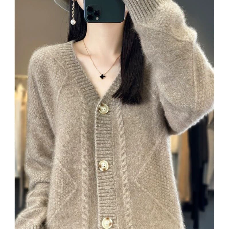 2023 Autumn/Winter New V-Neck Cashmere Cardigan Women Long Sleeve Diamond Loose Casual Wool Knit Sweater Coat