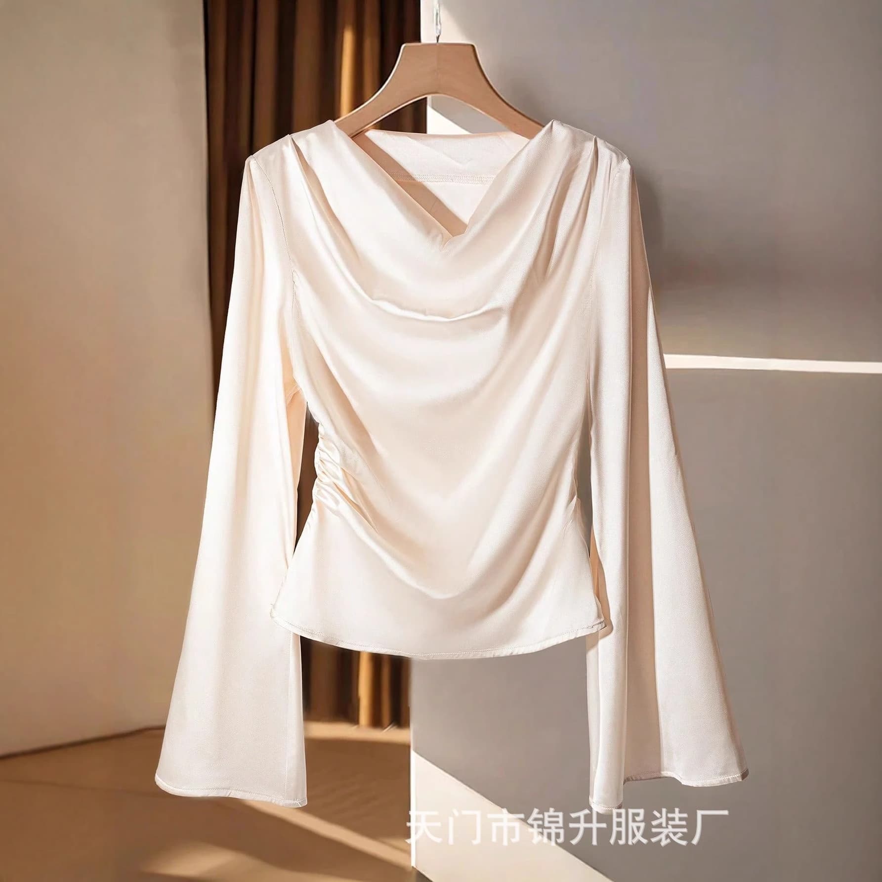 Cross-border Trade Women's Elegant Draped Neck 2025 New Slim Fit Long Sleeve Top