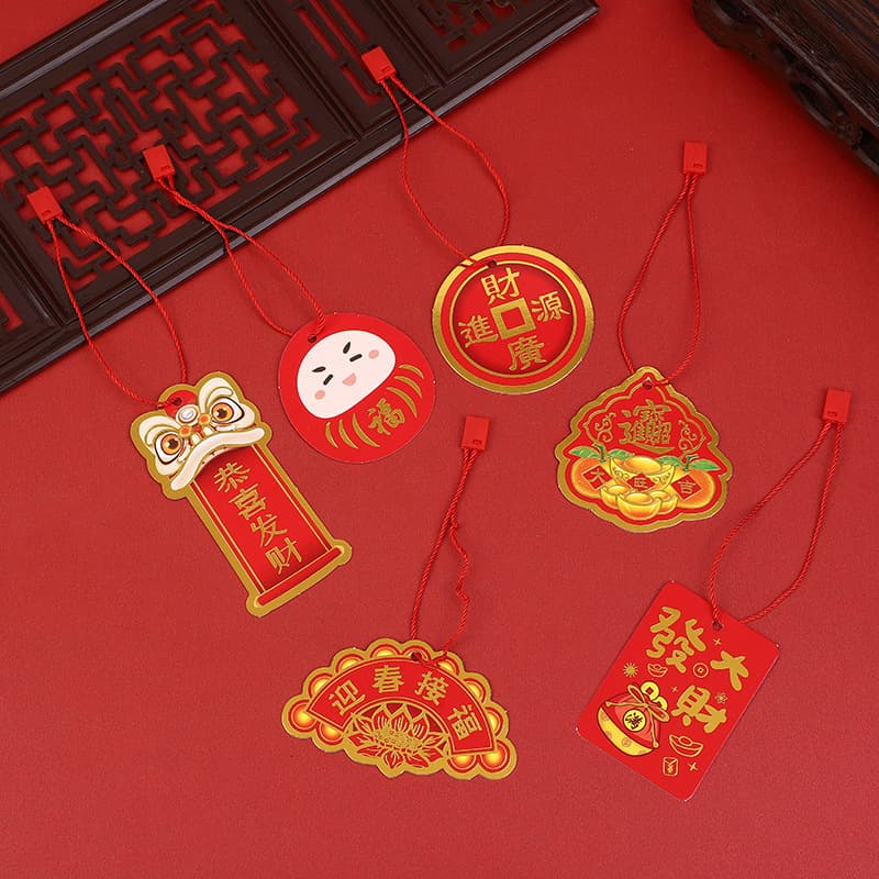 New Year festive card pendant, red gold foil lucky bucket bonsai hanging tag, blessing card, New Year decoration hanging card