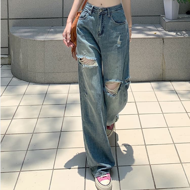 American Retro Distressed Jeans for Women, Summer Hong Kong Style Loose Slimming Straight-Leg Long Pants, Versatile Wide-Leg Floor-Length Cotton Pants