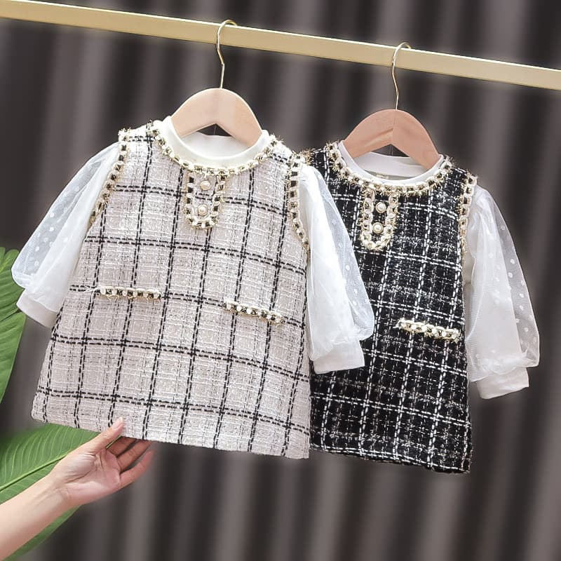 Girls Plaid Dress Set Spring Autumn Korean Style Cotton Long Sleeve A-Line Skirt Two-Piece Outfit Baby Toddler Kids Clothing