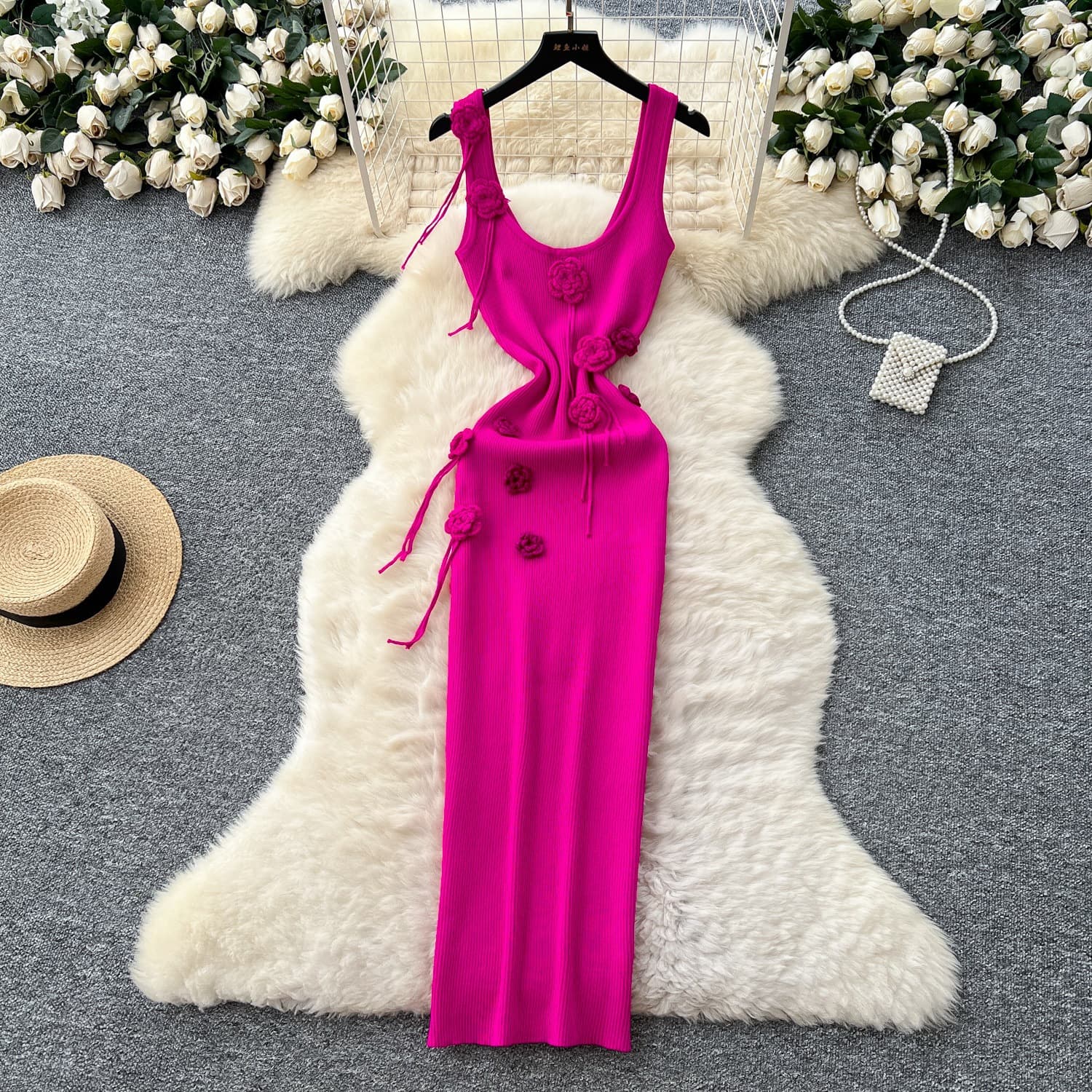 Feminine Skirt 2025 Summer Pure Desire Three-dimensional Flower Slimming Slim Temperament Suspender Knitted Hip Dress