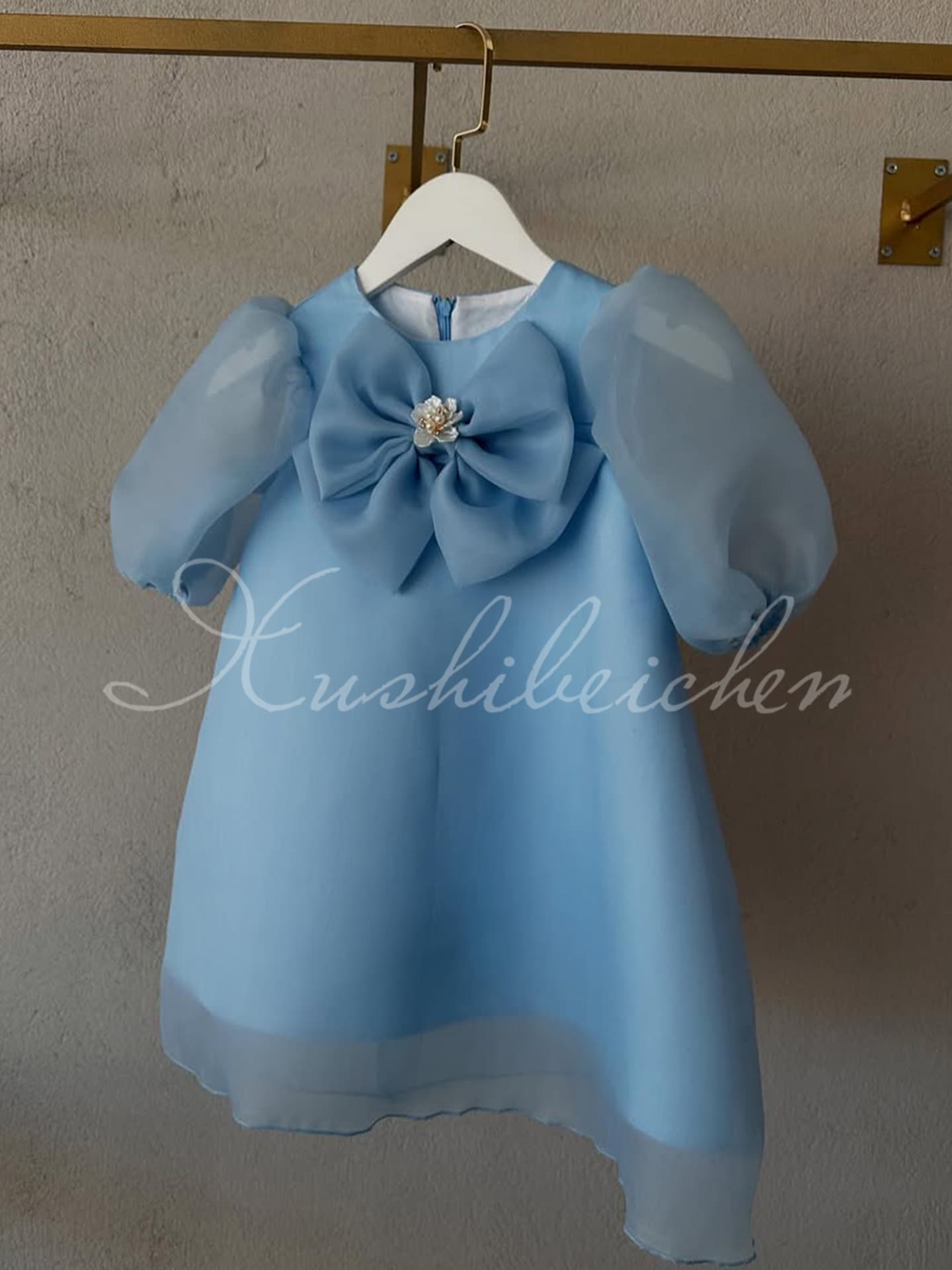 Satin 1st Birthday Dress for Baby Girl 2026 Spring 3D Floral Kids Bubble Sleeve Solid Color Princess Dress