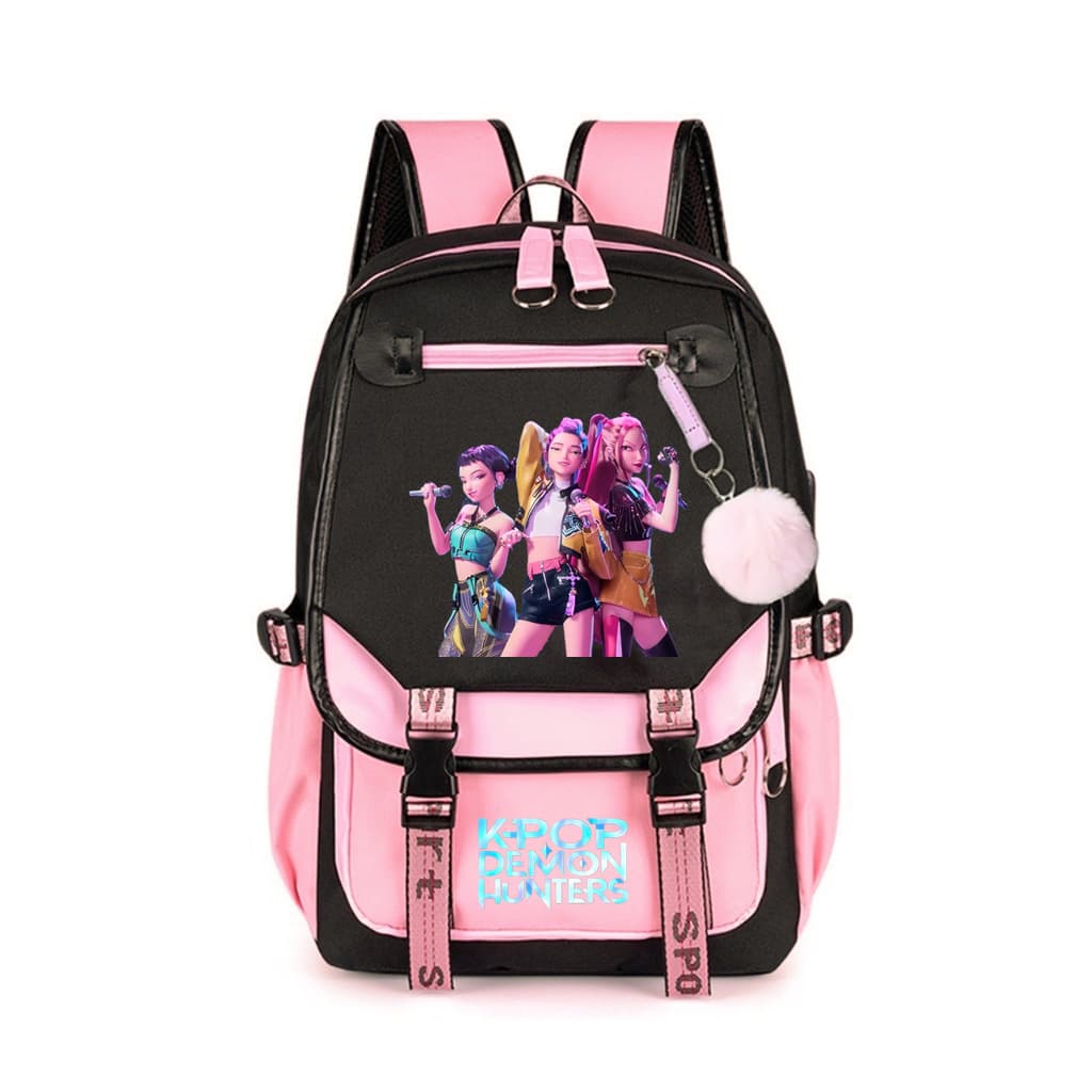 K-pop Witcher movie merchandise printed USB backpack/school bag with pom-poms for students and school use.