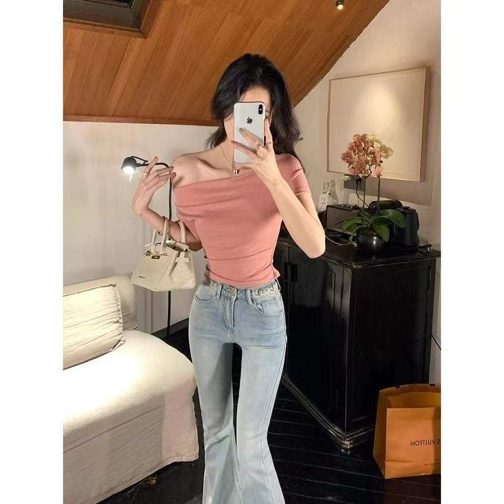 Hot Girl Off-Shoulder Slim Fit Short Sleeve T-Shirt Women's 2026 Summer New Square Shoulder Base Tee Pink Pure Desire Style Top