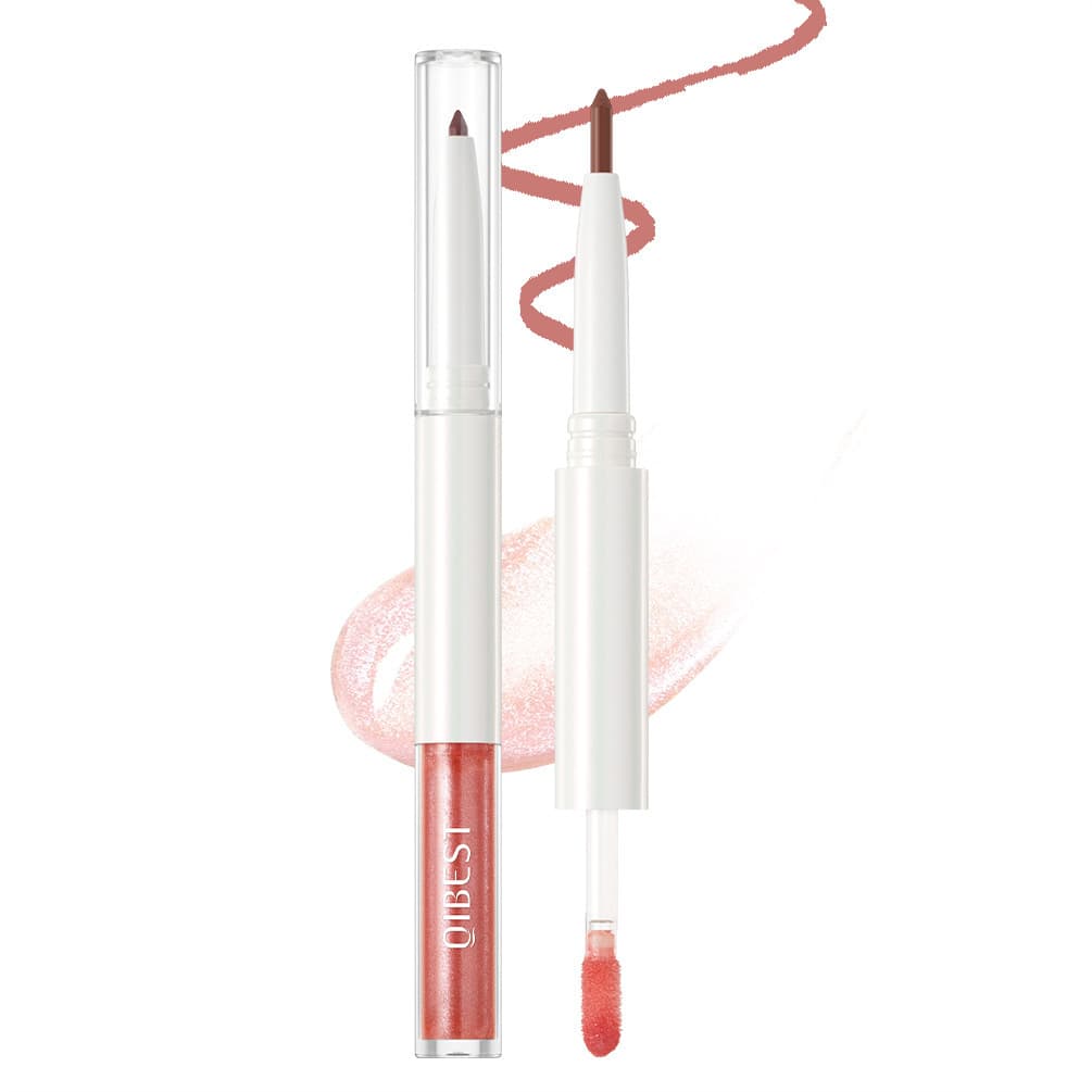 QIBEST Dual-Ended Mirror Lip Gloss 2-in-1 Lip Liner & Lip Gloss Water Glossy Plump Lips Natural Color Lip Liner Pen Cosmetics