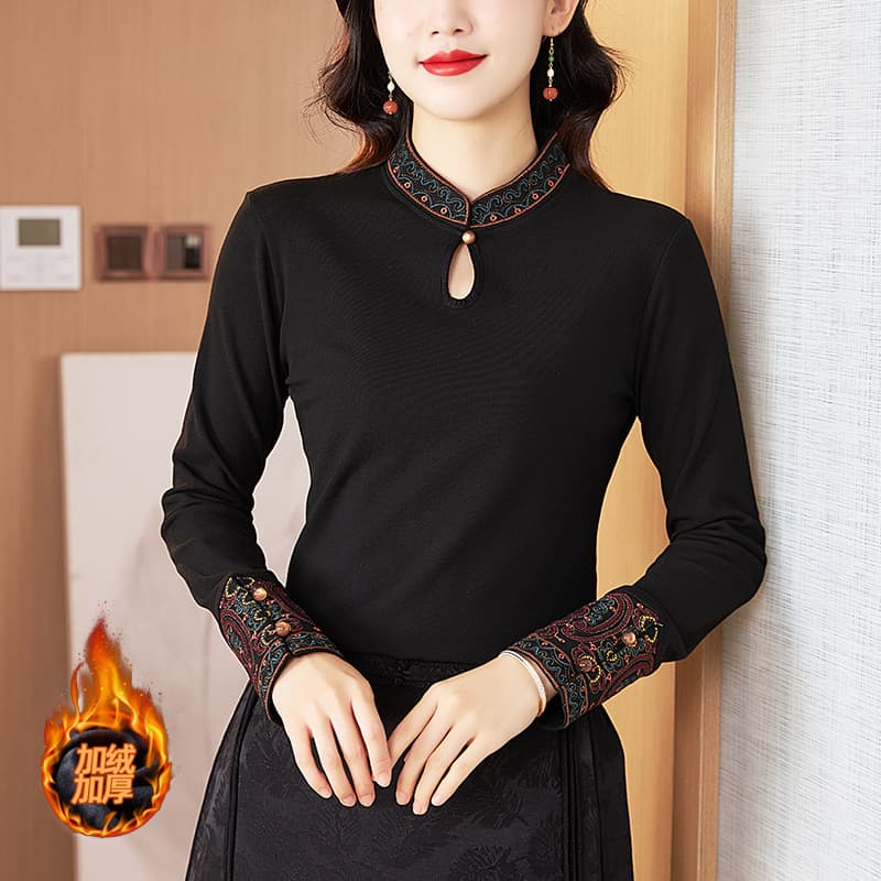 Real Shot 2025 Autumn New Chinese Style Cuff Top for Women, Autumn/Winter High-End Minimalist Slim-Fit Zen-Inspired Base Layer