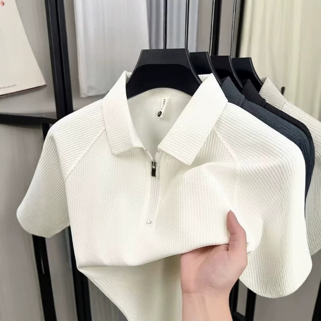 2026 New Summer Men's Split Half-Zip Polo Shirt Textured Short Sleeve Hong Kong Style Men's T-Shirt