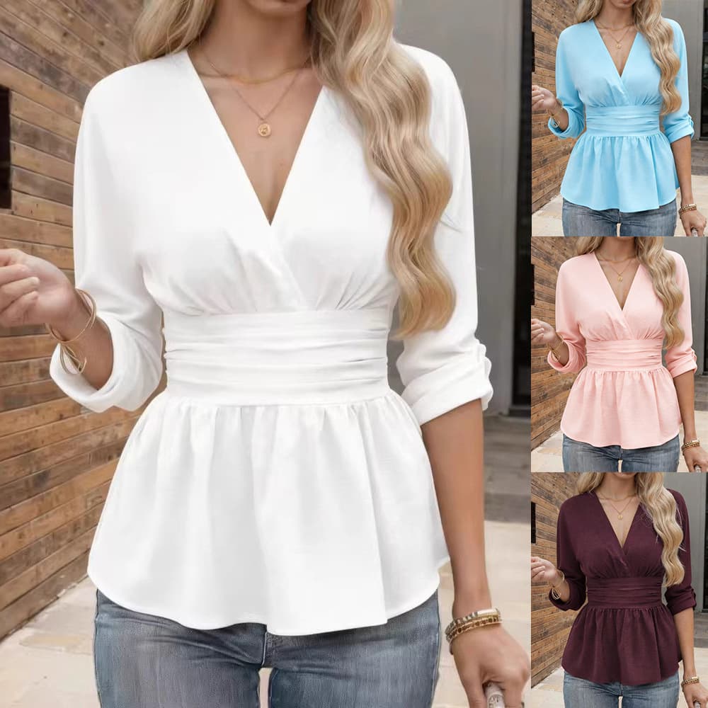 2026 New Women's Fashion Export Cross V-Neck Long Sleeve Pullover Solid Color Tummy Control T-Shirt Top