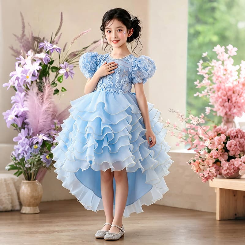Cross-border girls' tail skirt, children's dress, three-dimensional rose puff sleeves, puff skirt, dance performance clothing wholesale
